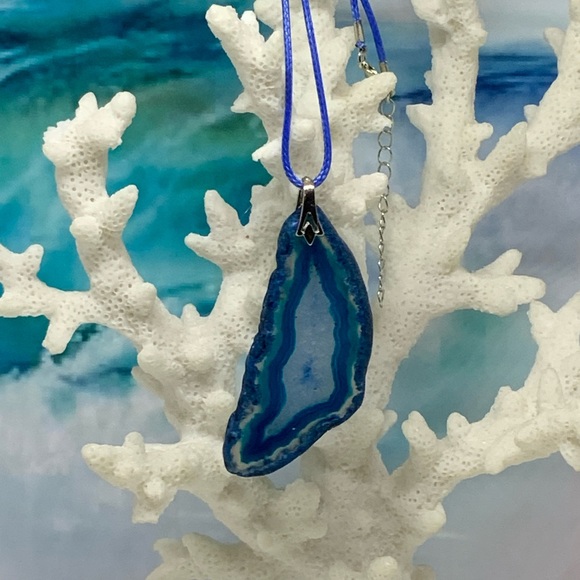 Handcrafted Blue Druzy Geode Agate Slice Necklace on Waxed Cotton Cord - Picture 6 of 13